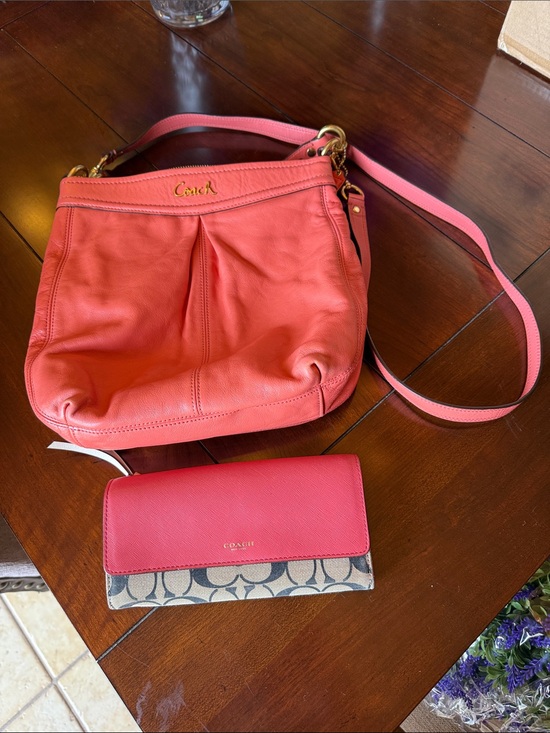 Coach Handbags - Coach Coral Leather Shoulder Bag with Coral Accent Wallet